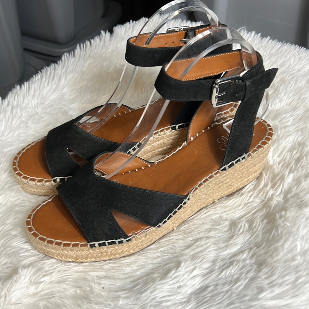 Franco Sarto Pellia Black Espadrille Suede Leather Ankle Strap Wedge Sandals 9.5 - Picture 5 of 6